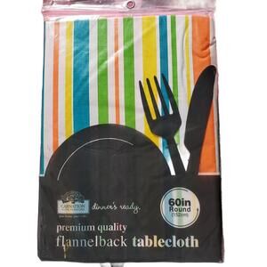 Premium Quality Flannelback Tablecloth 60in Round Multicolor Striped- New